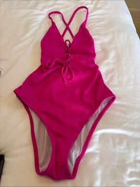 Ribbed Lace-Up One-Piece Swimsuit - Hot Pink